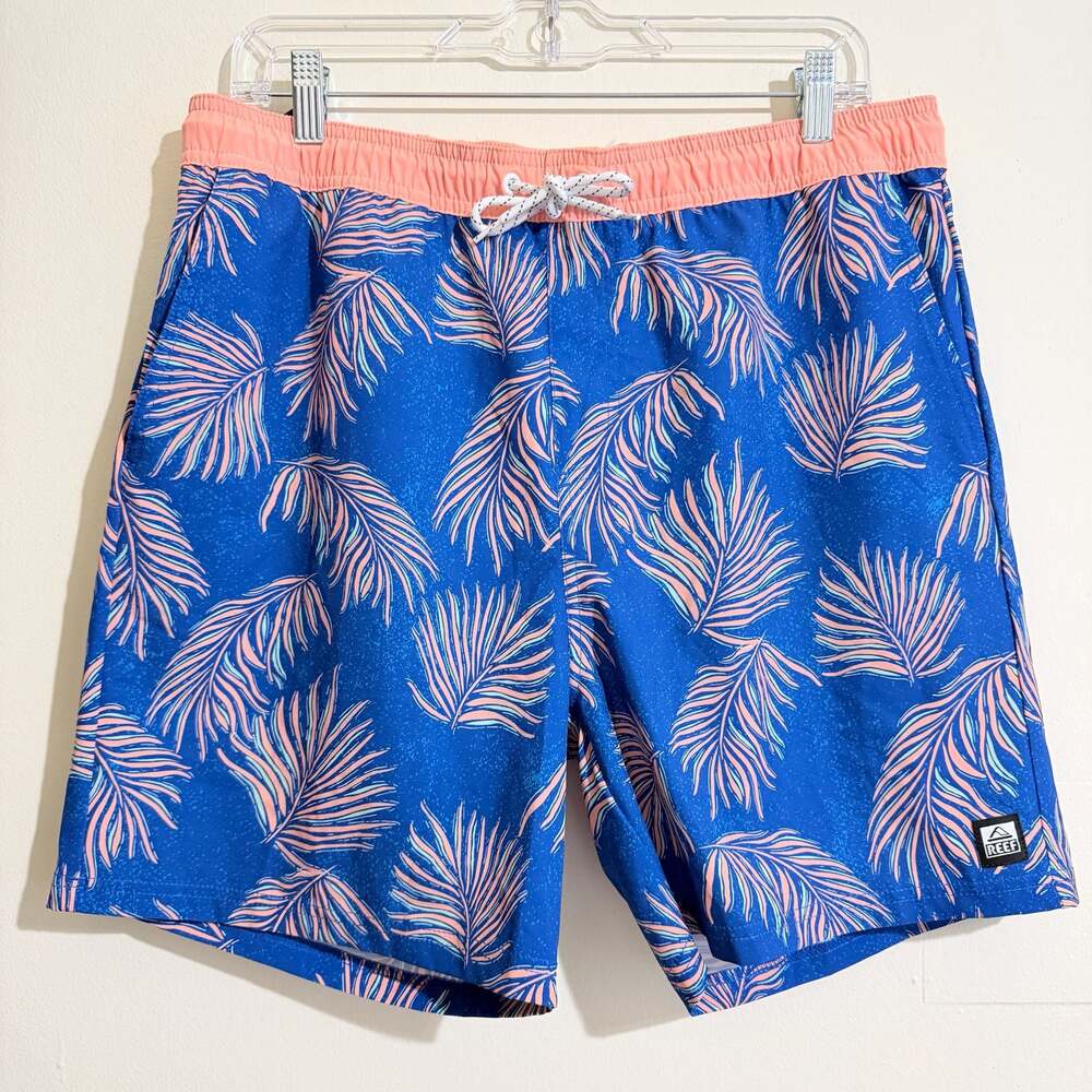 Reef Men's Blue Pink Tropical Palm Print Swim Trunks Board Shorts Beach Surf M